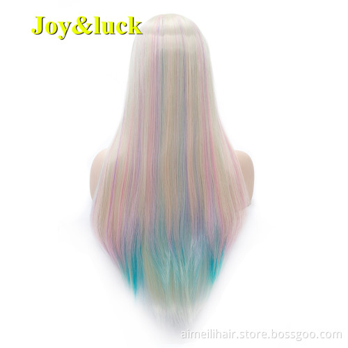 Long Straight Wig 24 inch Blonde Rainbow Colored Synthetic Wigs for Women Daily or Cosplay Wig Hair Style